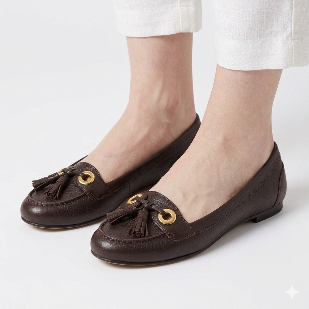 Talbots Women's Size 7AA Brown Leather Tassel Gold Grommet Ballet‎ Flats Loafers